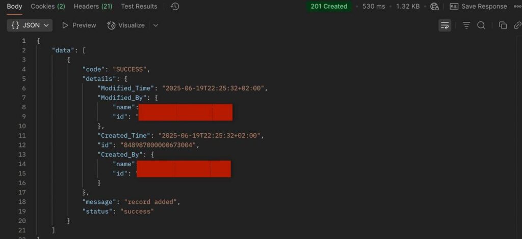 Server-based Applications: Приклад відповіді створеного контакту в Postman